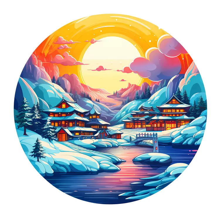 Japanese Houses in Snowy Sunset Landscape