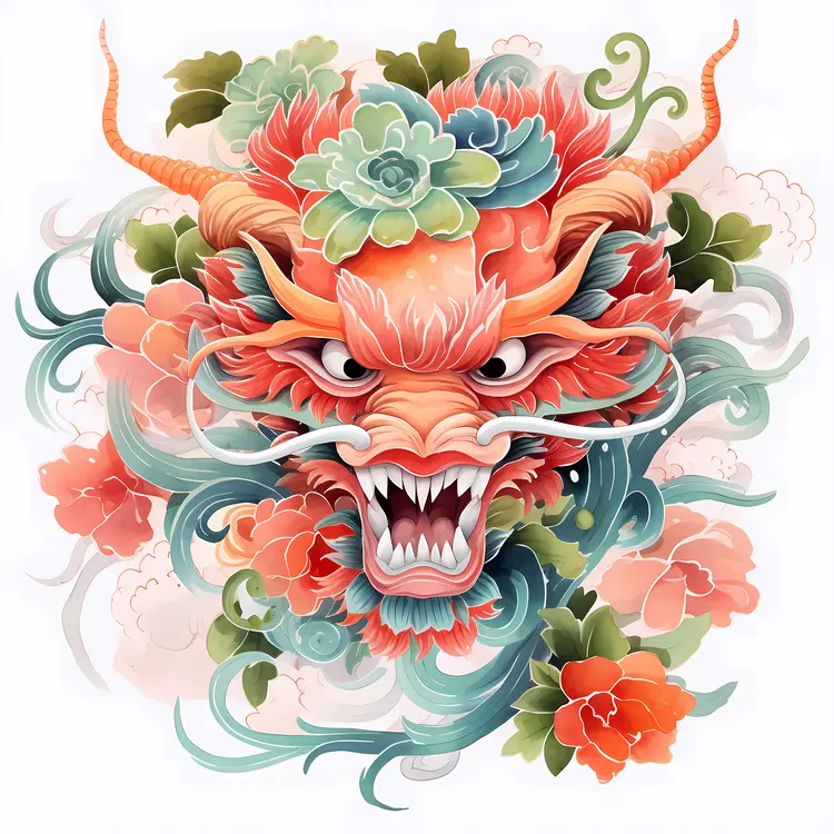Dragon Head Surrounded by Flowers