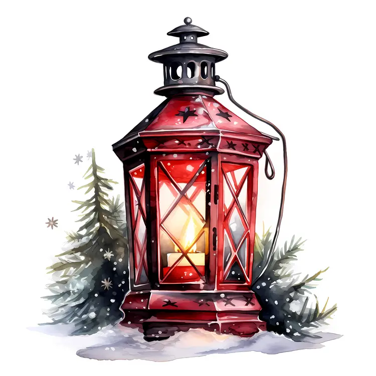 Red Lantern with Snow and Pine Trees