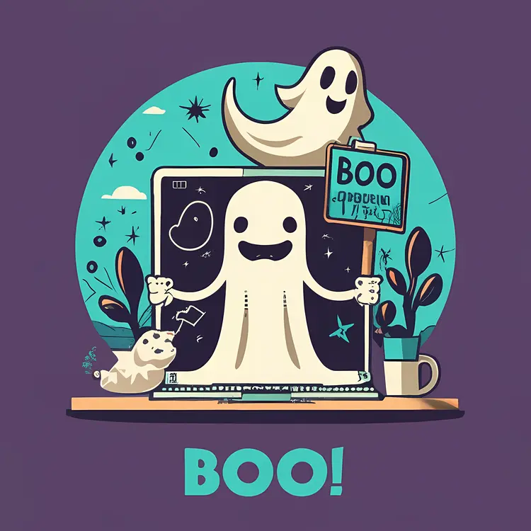 Ghost with Laptop and Boo Sign