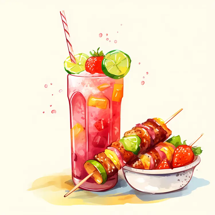 Refreshing Drink with Fruit Skewers