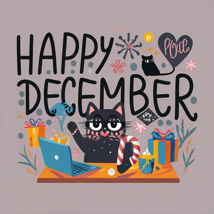 Black Cat with Laptop and Candy Cane in December