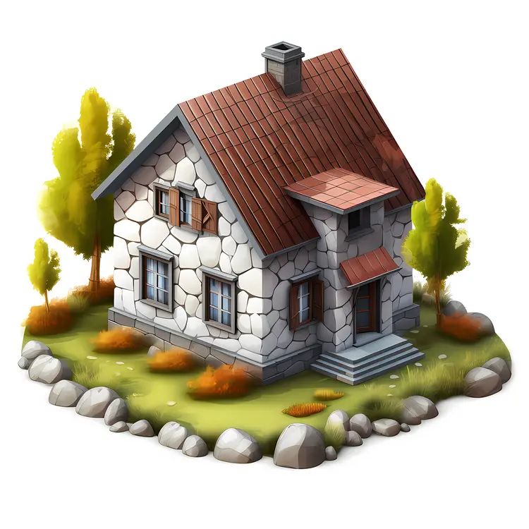 Stone house with brown roof