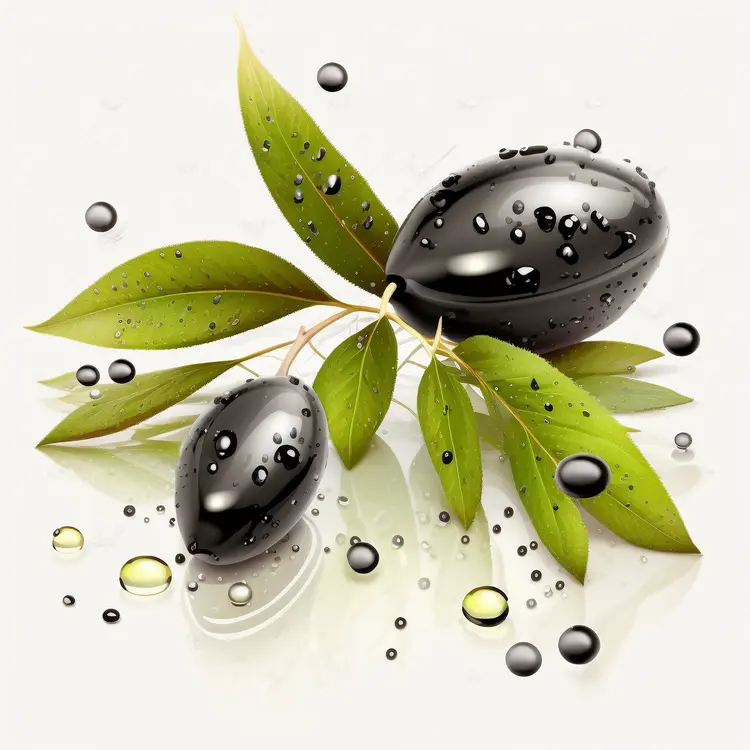 Fresh Black Olives with Leaves and Water Droplets