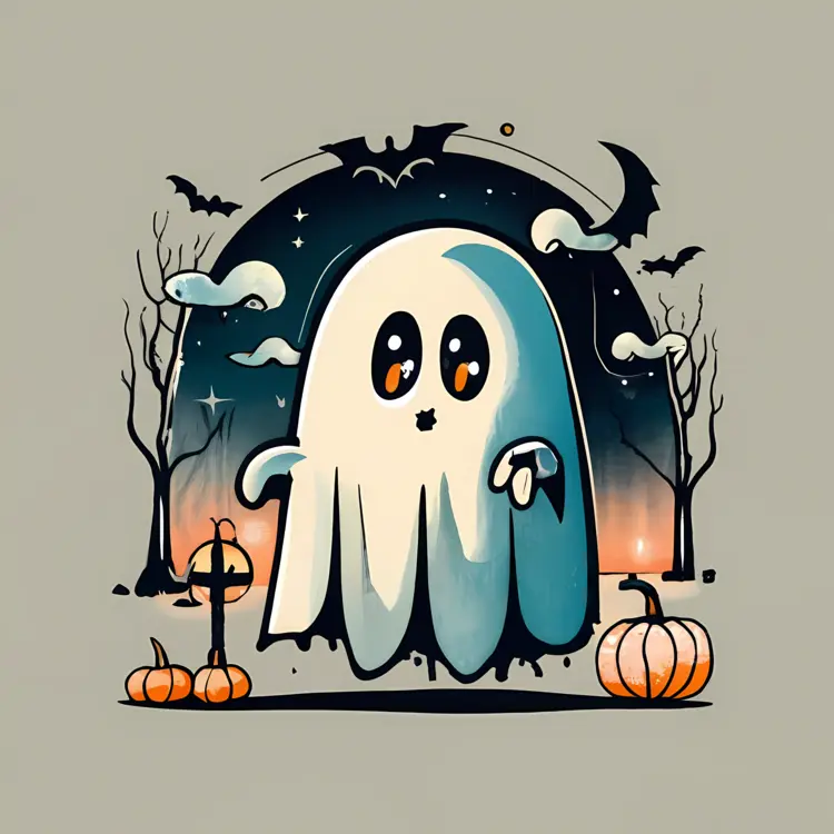 Cute Ghost with Pumpkins and Night Background