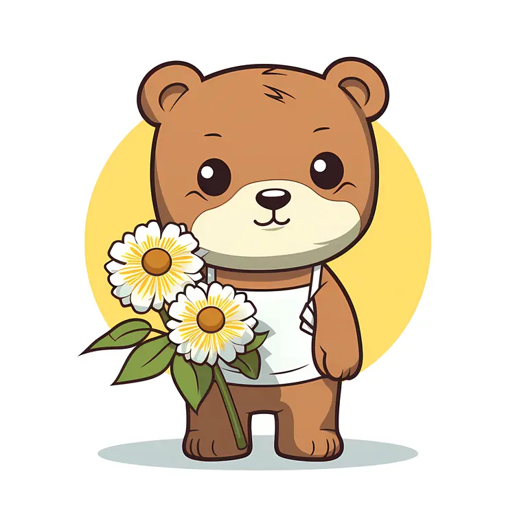 Cute Brown Bear Holding Flowers