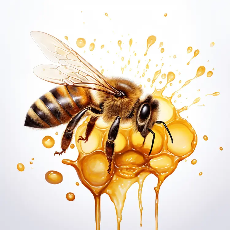 Bee on Honeycomb with Honey Drips