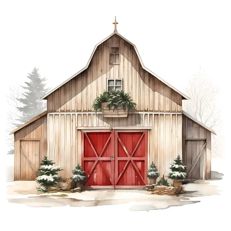 Barn with Red Doors in Christmas Snow
