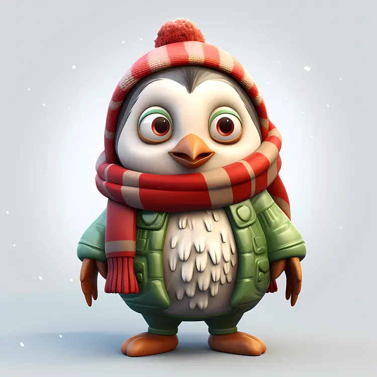 Penguin in Green Jacket and Red Scarf
