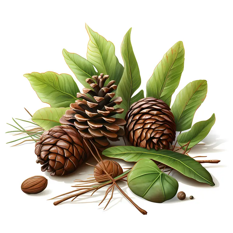 Pine Cones with Green Leaves