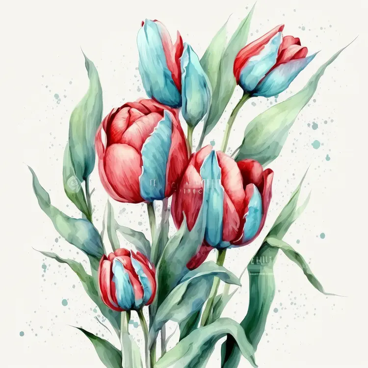 Beautiful Red and Blue Tulips in Watercolor