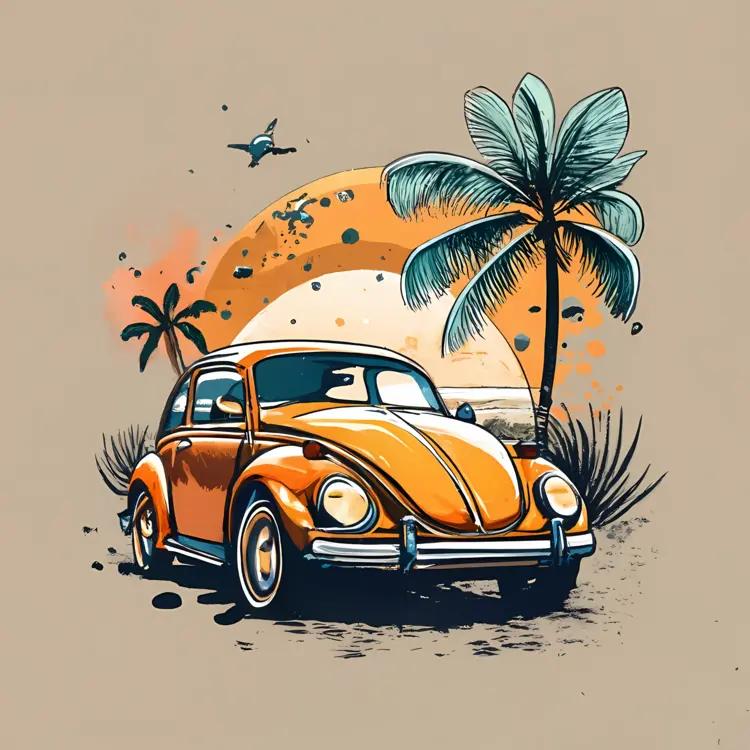 Orange Car on Tropical Beach