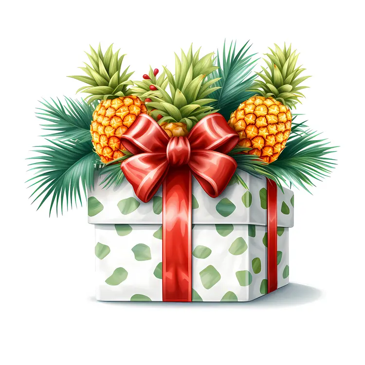Tropical Gift Box with Pineapples and Red Ribbon