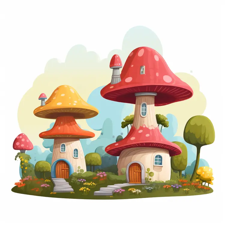 Fantasy Mushroom Houses in a Garden
