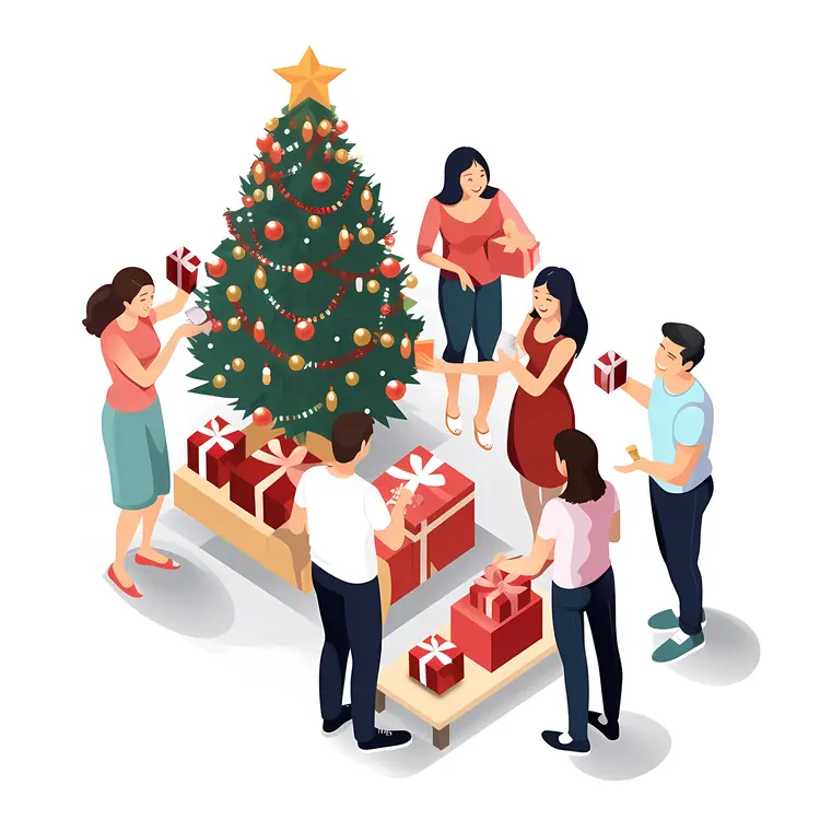 People Decorating Christmas Tree with Gifts