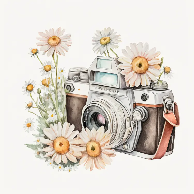 Vintage Camera with Daisies Illustration