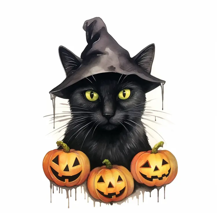 Black Cat with Witch Hat and Pumpkins for Halloween