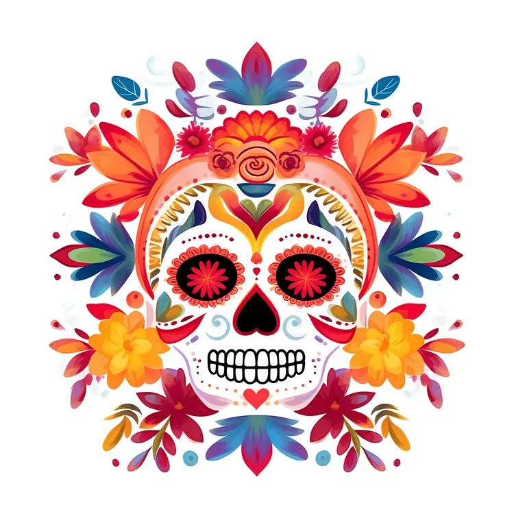 Colorful Sugar Skull with Flowers for Day of the Dead Celebration