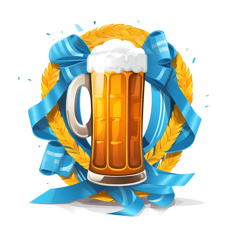Festive Beer Mug with Blue Ribbon for Oktoberfest Celebration