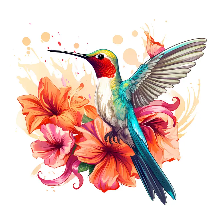 Hummingbird and Red Flowers Illustration