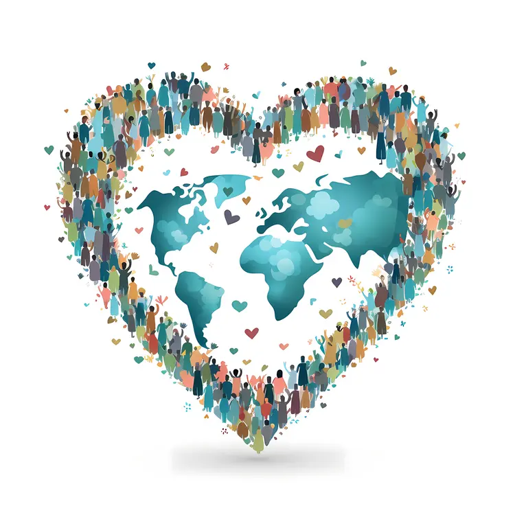 World Map Surrounded by People in Heart Shape