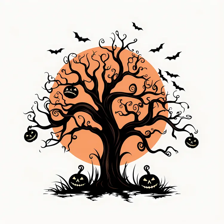 Spooky Halloween Tree with Pumpkins and Bats