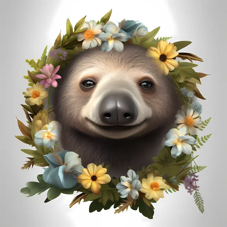 Adorable Sloth with Floral Wreath