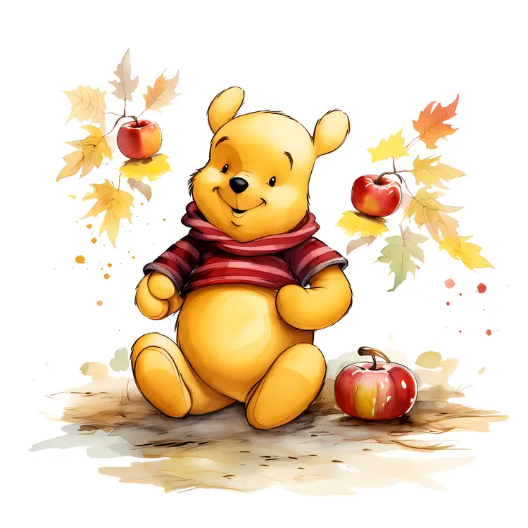 Yellow Bear with Apples and Autumn Leaves