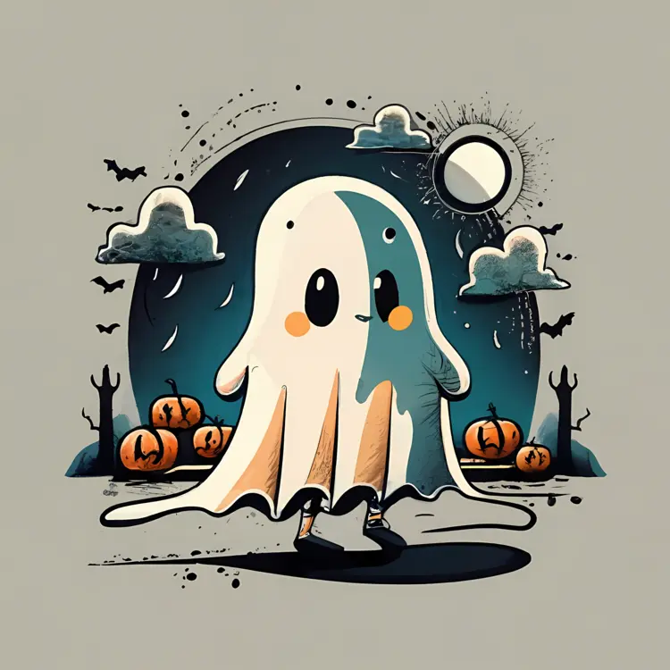 Cute Ghost with Pumpkins and Bats