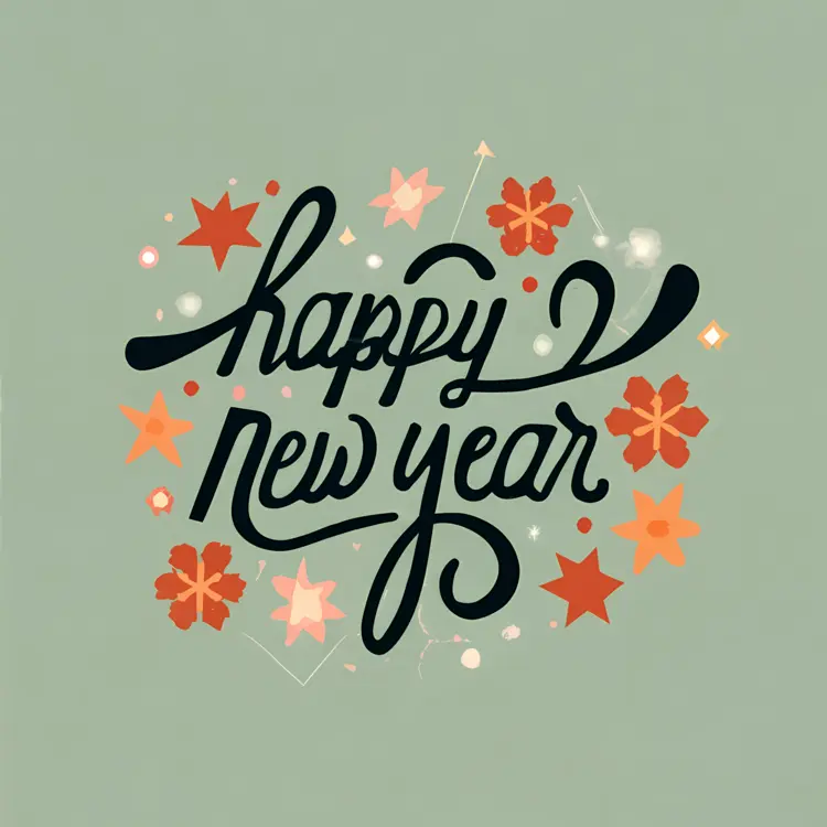 Happy New Year Text with Floral and Star Elements