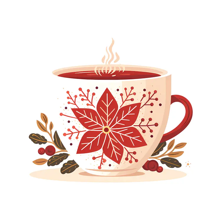 Steaming Hot Drink with Poinsettia Design