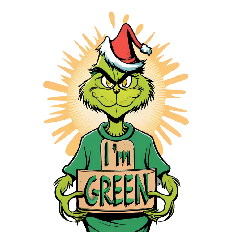 Grinch in Santa Hat with 'I'M GREEN' Sign
