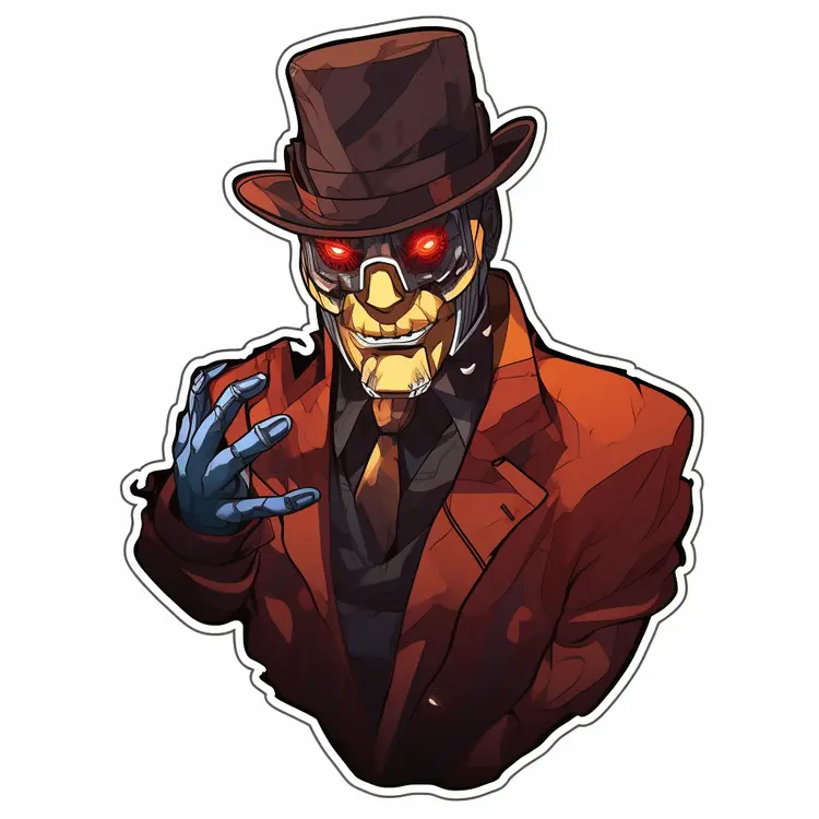 Robot in a Suit with Red Eyes and Blue Hand