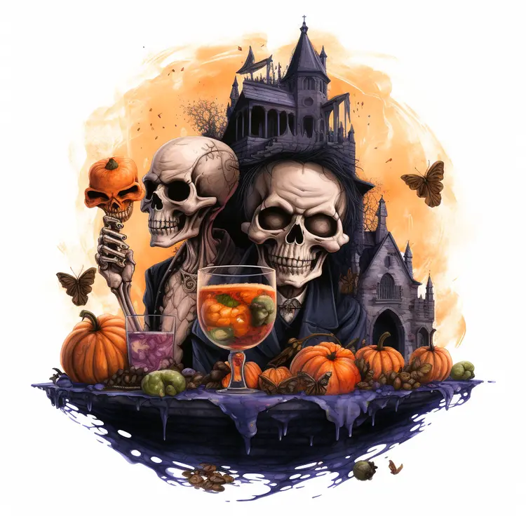 Skeletons with Pumpkins and Haunted Castle