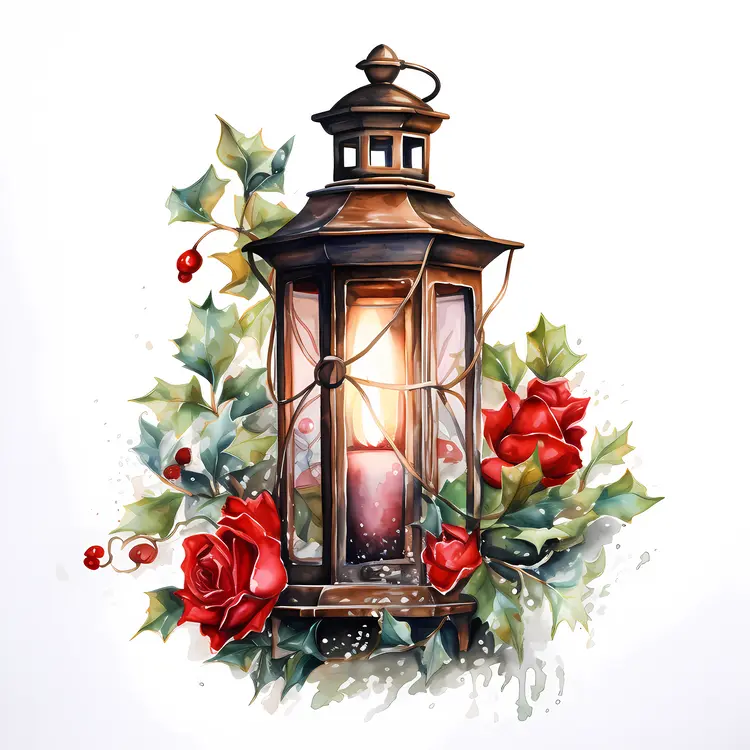 Lantern with Red Roses and Holly for Christmas