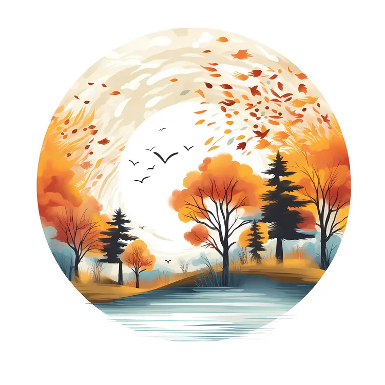 Autumn Trees by the Lake with Birds