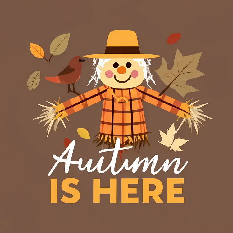 Autumn is Here Text with Scarecrow