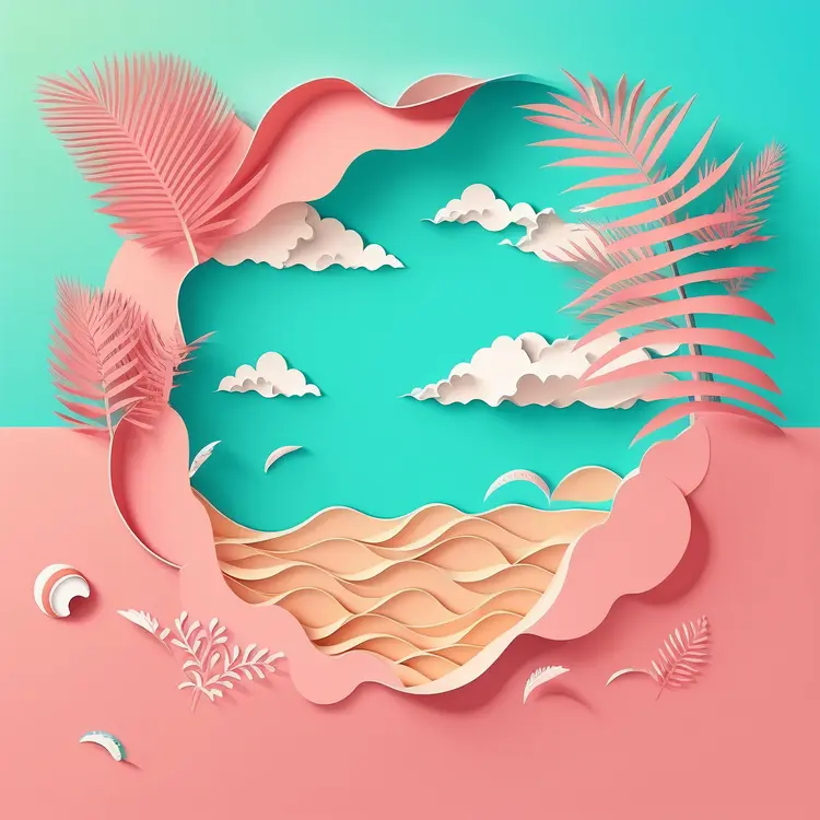 Paper Art Beach Scene with Waves and Palm Leaves