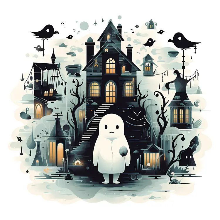 Cute Ghost with Haunted House