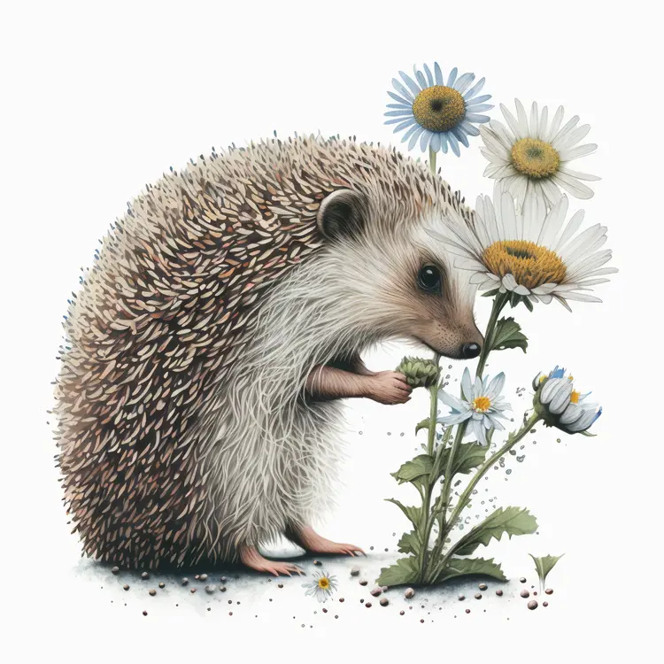 Cute Hedgehog with Daisies in Nature