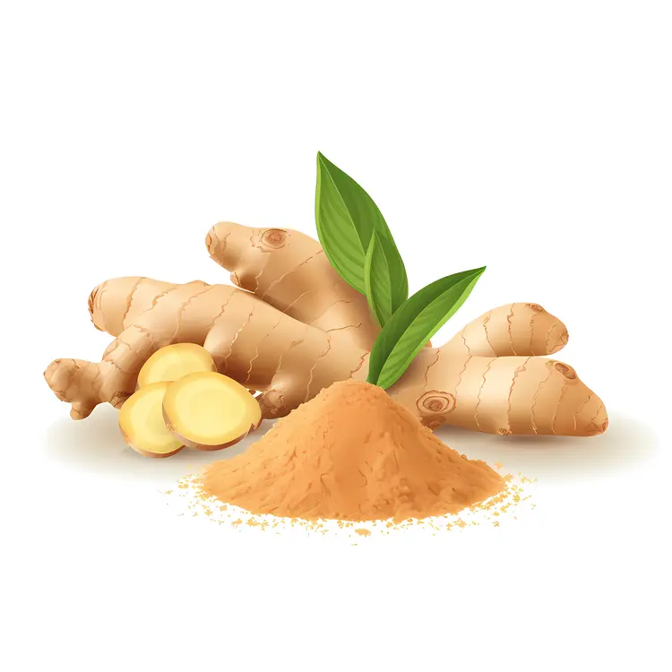 Ginger Powder and Root with Fresh Leaves