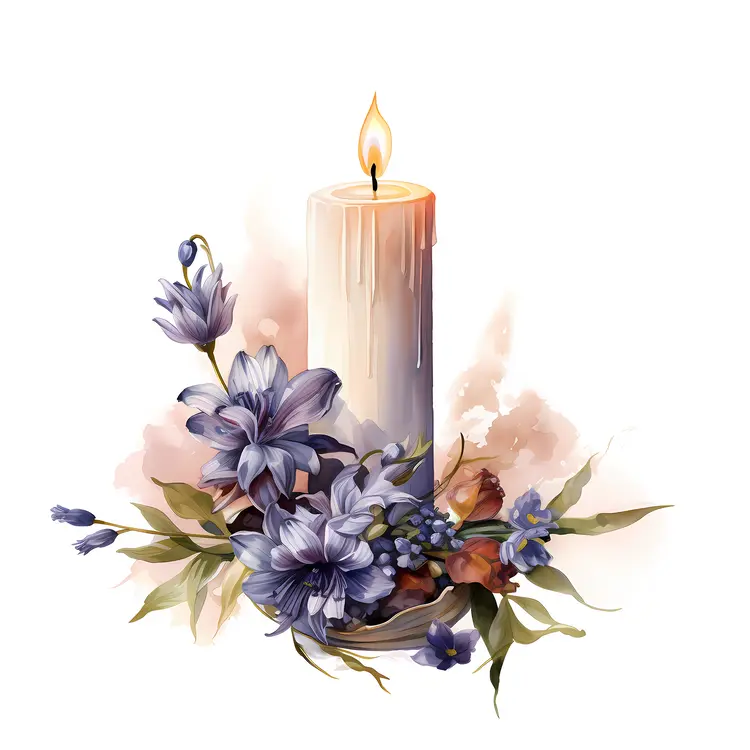 Single Candle with Purple Flowers