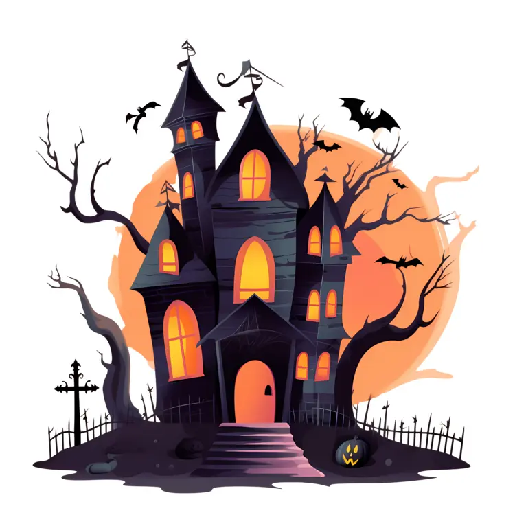 Dark Haunted House with Glowing Windows