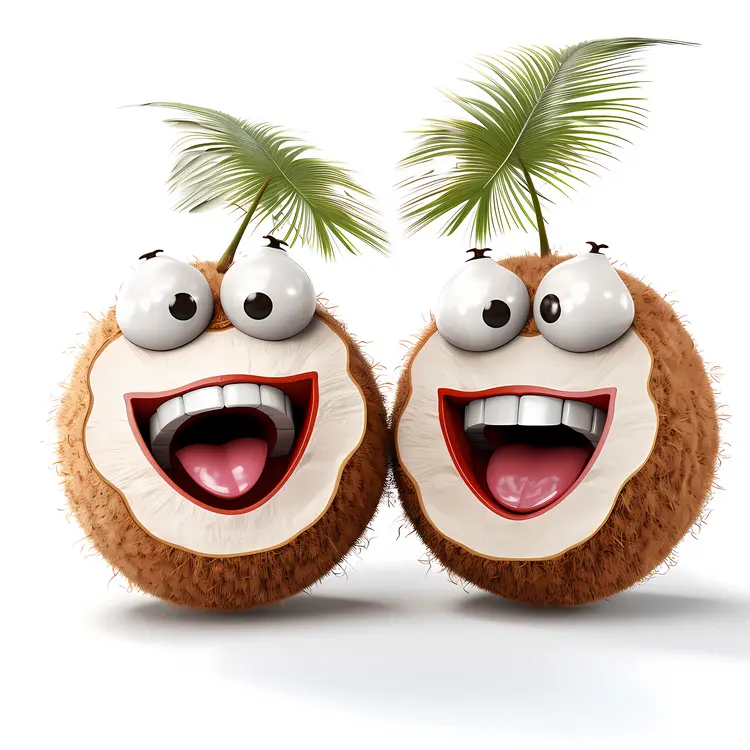 Happy Coconut Characters with Palm Leaves