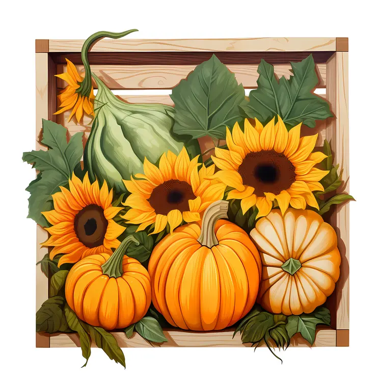 Sunflowers and Pumpkins in Wooden Box