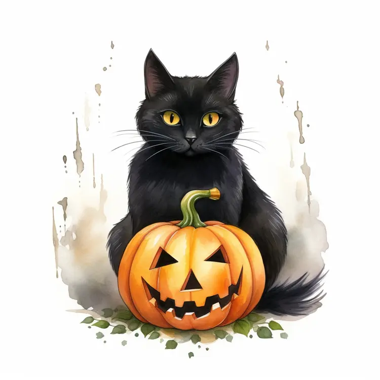 Black Cat with Halloween Pumpkin