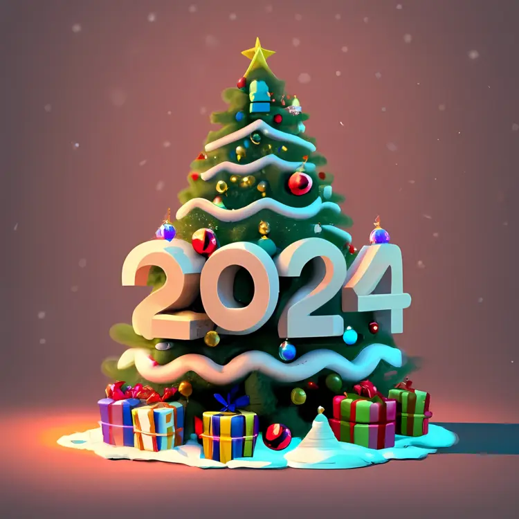 Christmas Tree with 2024 and Festive Gifts