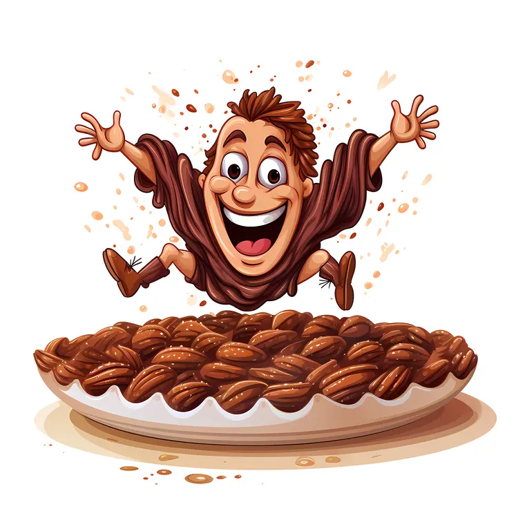 Happy Cartoon Character Jumping into a Pecan Pie