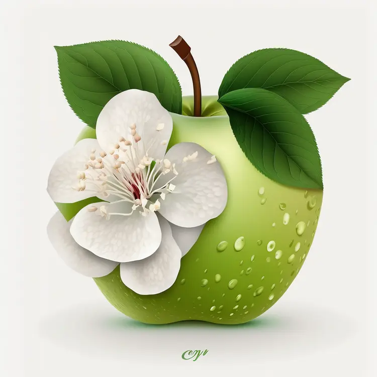 Green Apple with Blossom and Leaves
