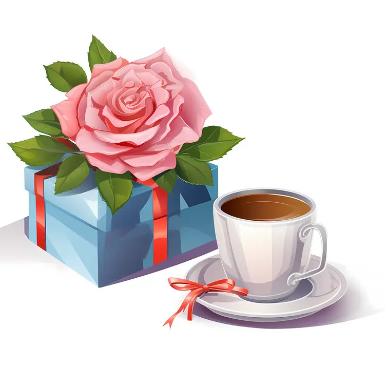 Pink Rose and Coffee Cup with Blue Gift Box